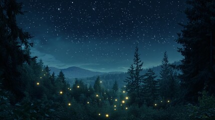 Naklejka premium Enchanting Night Sky Over Forest with Twinkling Stars and Glowing Fireflies Illuminating a Serene Landscape in Tranquil Wilderness Setting