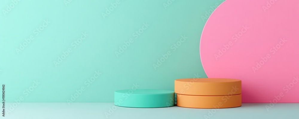 Poster a minimalist composition featuring pastel-colored circular objects against a two-tone background of 