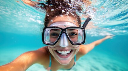 Naklejka premium Joyful diver exploring underwater wonders with bubbles surrounding