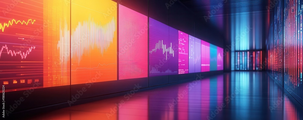 Poster a futuristic corridor featuring vibrant digital displays with colorful data visualizations and refle