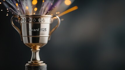 Engraved trophy: award inscription, 2025 year, golden prize, victory token, polished accolade, recognition object, metallic honor, text engraving, ceremonial tribute, achievement symbol.