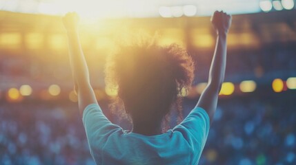A group of friends celebrates an exciting sports event, cheering for their team in a lively stadium filled with energy