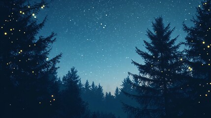Naklejka premium Enchanting Night Sky Over Dark Forest with Stars and Fireflies Illuminating a Serene Natural Landscape and a Mystical Atmosphere Ideal for Relaxation and Inspiration