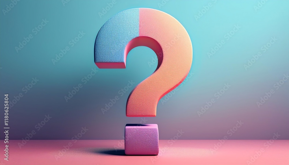 Poster a colorful 3d question mark stands on a smooth surface, casting a soft shadow against a gradient bac