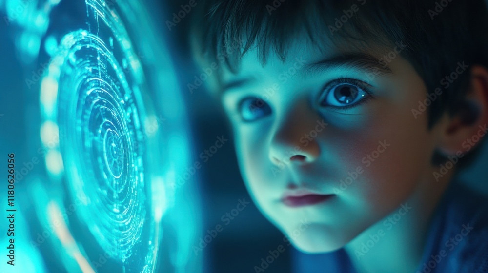 Poster young child gazes in wonder at a captivating holographic projection showcasing intricate patterns an