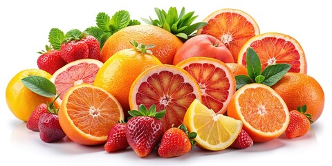 Naklejka premium Fresh Fruit Display - Colorful Oranges, Strawberries & Grapefruits