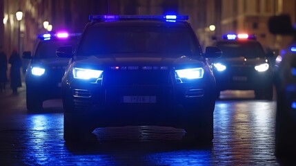 Obraz premium Night Scene of Police Cars with Flashing Lights on a Dark Urban Street, Featuring a Shallow Depth of Field and Copy Space. Perfect for Law Enforcement, Crime, and Emergency Concepts