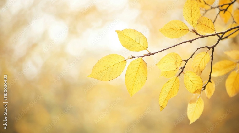 Poster bright yellow leaves of a tree branch capture the essence of autumn in a soft, blurred backdrop, cre