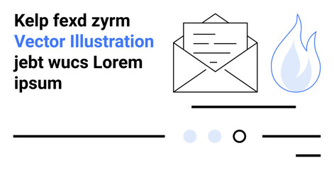 Envelope, flame, and scattered text elements. Ideal for communication, email marketing, notifications, online services, digital messaging, business correspondence, branding. Landing page