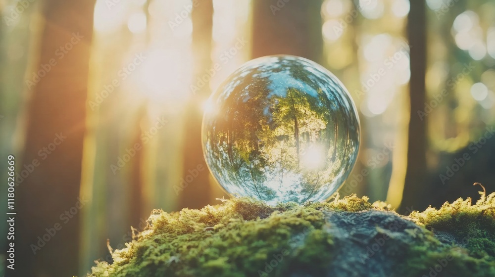 Poster sunlight filters through trees, creating a magical glow as a glass globe reflects the surrounding lu