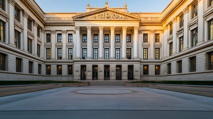 Fototapeta premium Modern Government Building with Glass and Steel Architecture Reflecting Golden Sunset Hues, Featuring a Clean and Empty Foreground for Copy Space. 