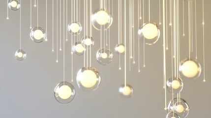 A series of hanging glass balls with a white light shining on them