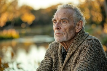 An elderly man sits pensively by a serene pond, surrounded by golden autumn leaves. The soft warm glow of dusk highlights his thoughtful expression, evoking deep reflection and tranquility.