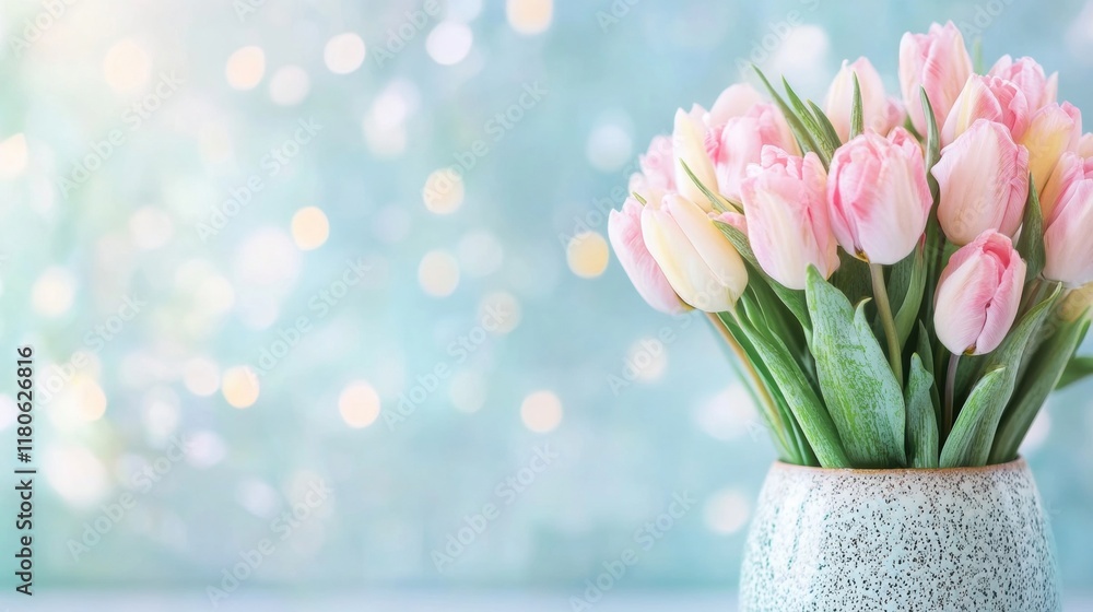 Poster bright pink tulips stand elegantly in a textured vase, enjoying soft natural light and creating gent