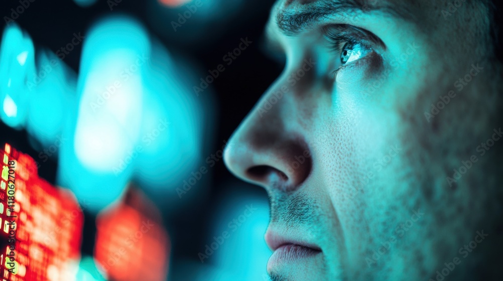 Aufkleber a frustrated stock trader closely observes chaotic market data on multiple screens in a buzzing fina