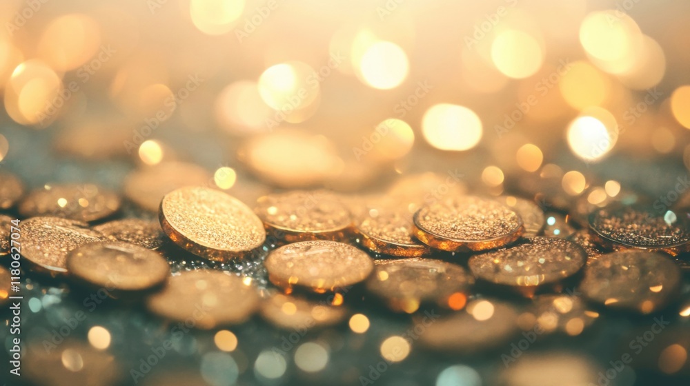 Poster a captivating pile of gold coins glitters under soft light, creating a mesmerizing display of wealth
