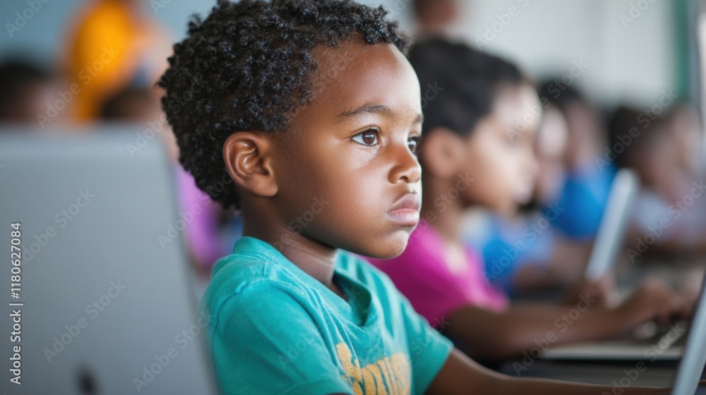 Poster Young students demonstrate concentration and engagement while using laptops for educational activities in a dynamic classroom setting