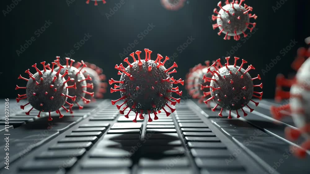 Poster visualization of coronavirus particles floating above a black surface in a dramatic display of light