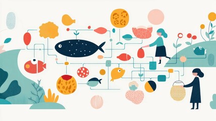 A colorful illustration depicting people interacting with various fish and plants in a whimsical, nature-inspired setting.
