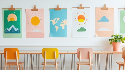 A bright, modern classroom with colorful art on the walls, showcasing nature scenes and a world map, complemented by cheerful seating.