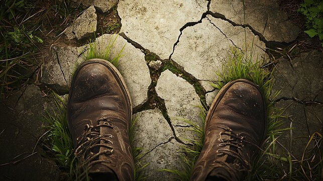 A person's feet are on a cracked sidewalk with grass growing out of the cracks