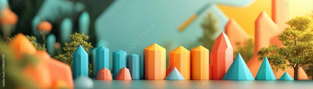 Poster a colorful arrangement of geometric shapes, including pyramids and prisms, set against a soft backgr
