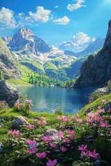 Serene Alpine Lake Surrounded by Majestic Mountains and Blooming Flowers Captures Nature's Beauty