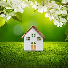 miniature toy house and cherry flowers on abstract green backdrop. concept of mortgage, construction, rental, property. family, eco-home symbol. spring season nature background. template for design