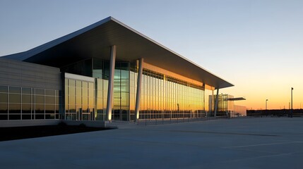Fototapeta premium Sunset View of a Government Building with Sleek Design, Clean Lines, and Warm Hues Illuminating the Facade. Empty Foreground for Copy Space, Ideal for Architectural, Urban, and Business Concepts