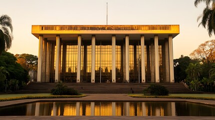 Obraz premium Modern Government Building with Glass and Steel Architecture Reflecting Golden Sunset Hues, Featuring a Clean and Empty Foreground for Copy Space. 