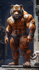Fototapeta premium Muscular anthropomorphic tiger in an ancient temple