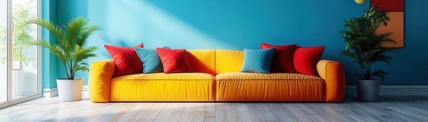 A vibrant living room featuring a yellow sofa adorned with colorful cushions against a teal wall, complemented by indoor plants.