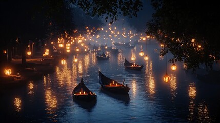Serene Night Scene of Illuminated Lanterns Reflecting on a Tranquil River with Boats and Trees Under a Soft Blue Mist