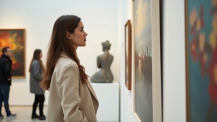 Woman admiring art at a gallery - Inspiring creativity and reflection - Suitable for art events, cultural blogs, lifestyle magazines, and educational materials,