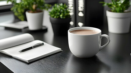 Hot cocoa, notebook, pen, plants, office desk, workday morning.
