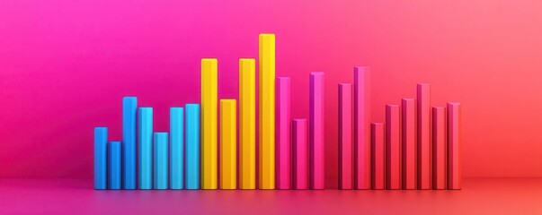 Obraz premium A vibrant bar chart with colorful bars in blue, yellow, and pink against a gradient pink background, representing data visualization.