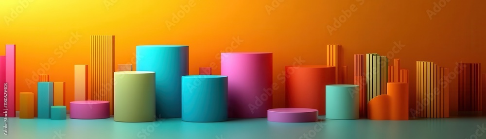 Poster a vibrant array of colorful cylindrical shapes against a warm gradient background, creating a modern