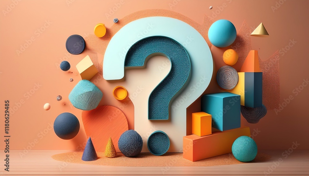 Poster a vibrant 3d composition featuring a large question mark surrounded by colorful geometric shapes on 