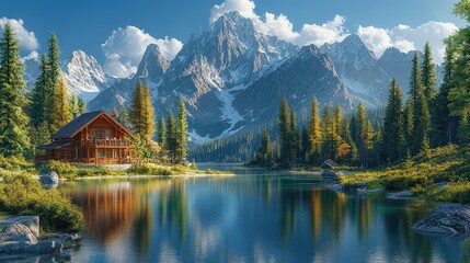 Fototapeta premium Secluded cabin, serene lake, majestic mountains.