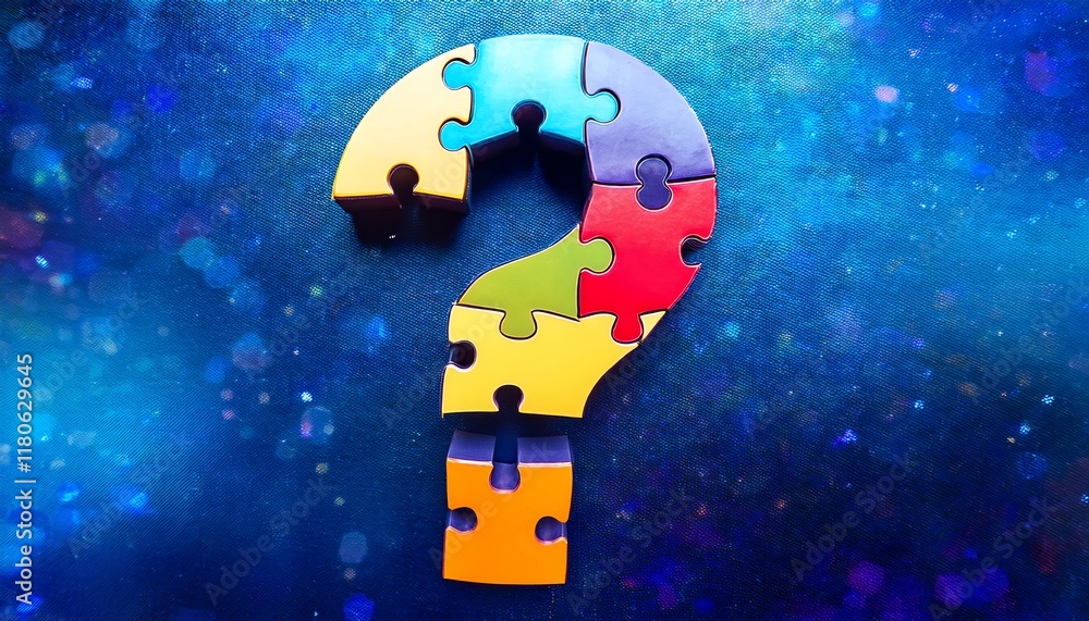 Poster a colorful puzzle piece forms a question mark against a blue background, symbolizing curiosity and t
