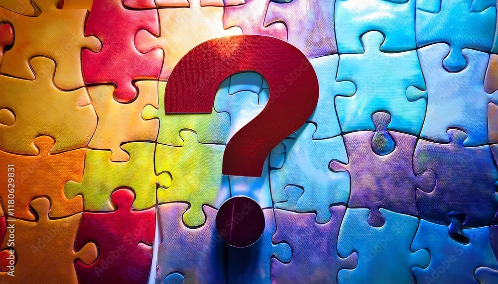Poster a colorful puzzle backdrop with a prominent red question mark in the center, symbolizing inquiry, cu