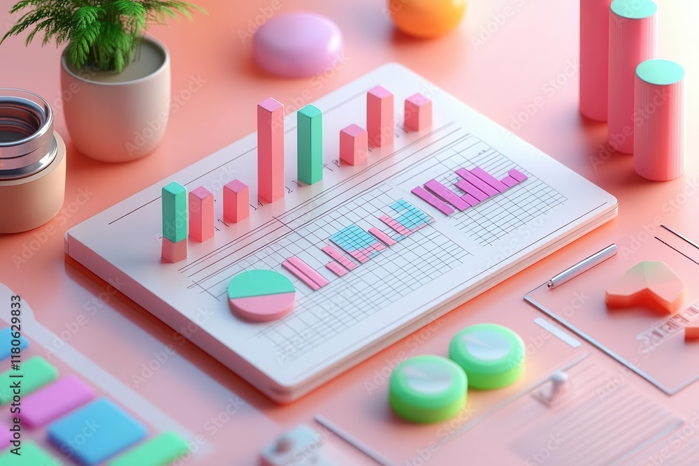 Poster a colorful data visualization setup featuring graphs, charts, and sticky notes on a pastel backgroun