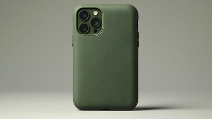 Olive-green phone case on neutral background, showcasing sustainable material; product shot for online store.