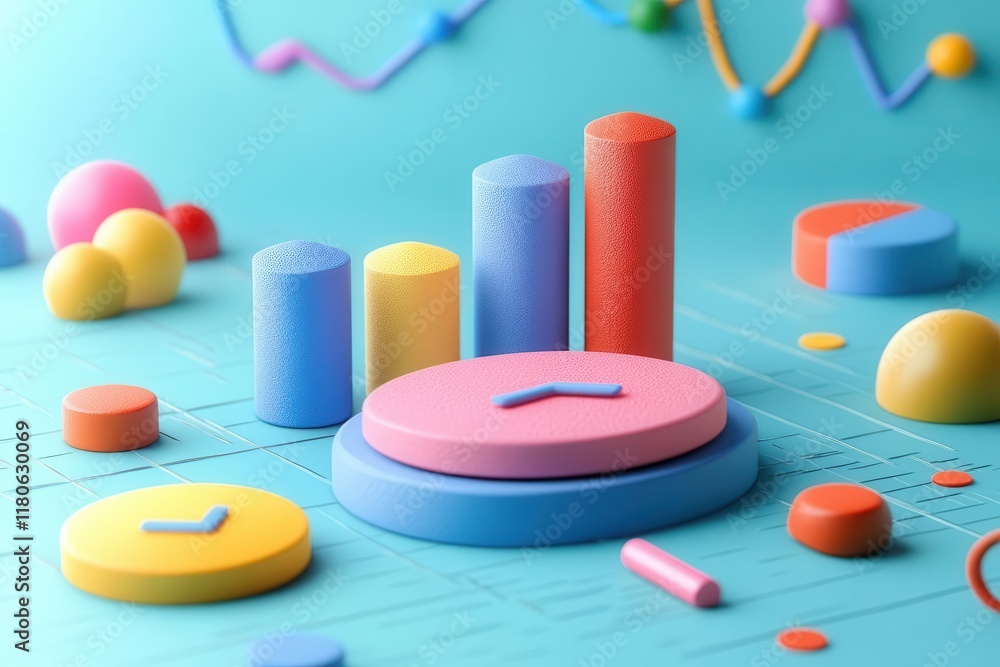 Poster a vibrant arrangement of colorful geometric shapes resembling data visualizations, depicting charts 