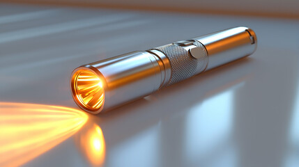 Sleek metal flashlight illuminates a bright beam on a reflective surface, studio setting, product photography.