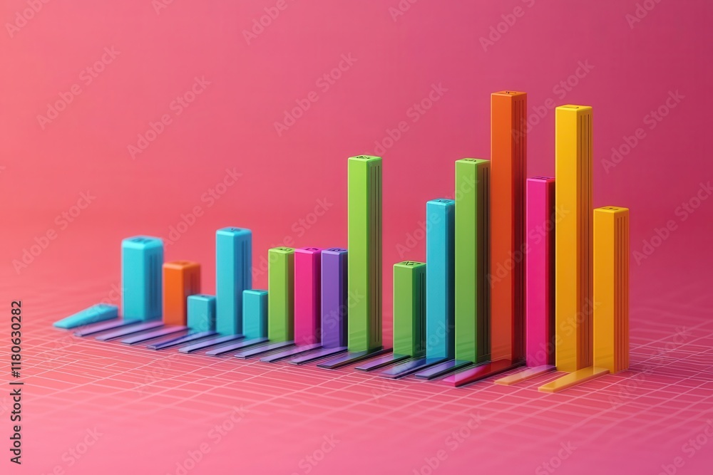 Poster a vibrant bar graph in various colors stands against a pink background, representing data visualizat