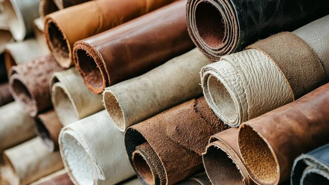 Various rolls of leather materials displayed in a craft shop for artisans and designers in the afternoon light