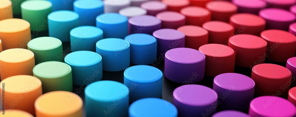 Poster a vibrant array of colorful cylindrical objects arranged in a pattern, showcasing a spectrum of hues