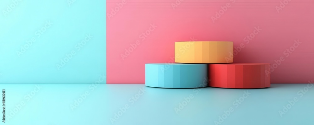 Poster colorful circular objects stacked on a smooth surface, contrasting against a pastel background of bl