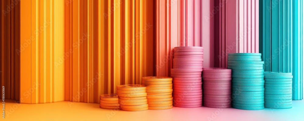 Poster a vibrant composition of colorful cylindrical shapes arranged in stacks, creating a visually appeali